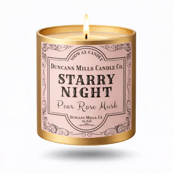 Gold tin candle vessel with 'Starry Night' label on a white background