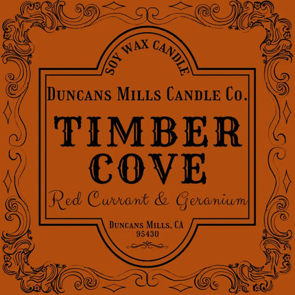 Label for Duncans Mills Candle Co. Timber Cove candle with decorative border