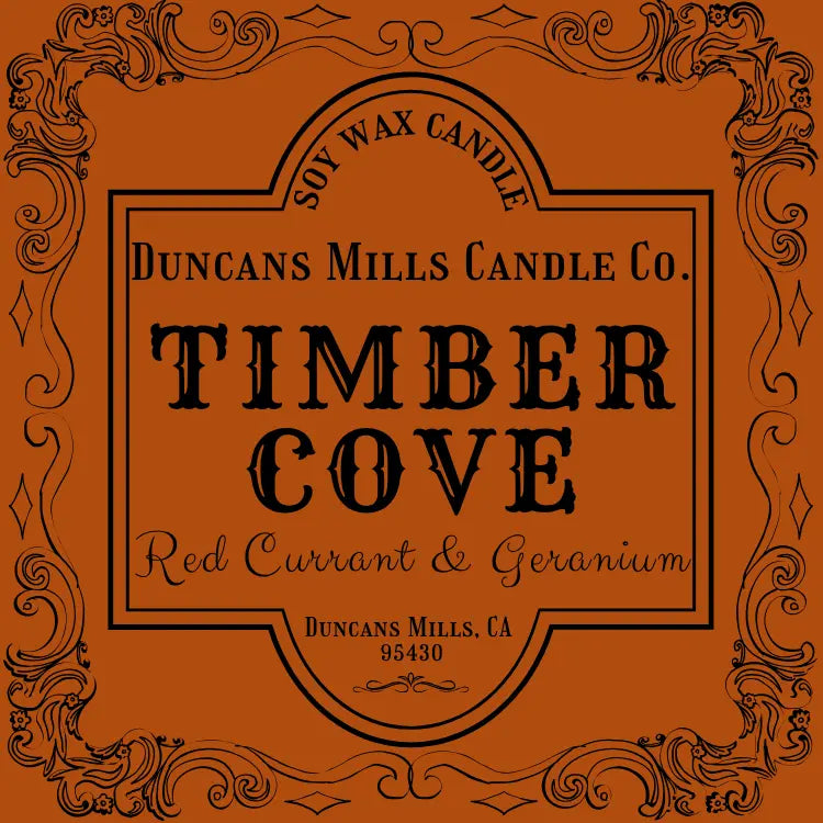 Label for Duncans Mills Candle Co. Timber Cove candle with decorative border