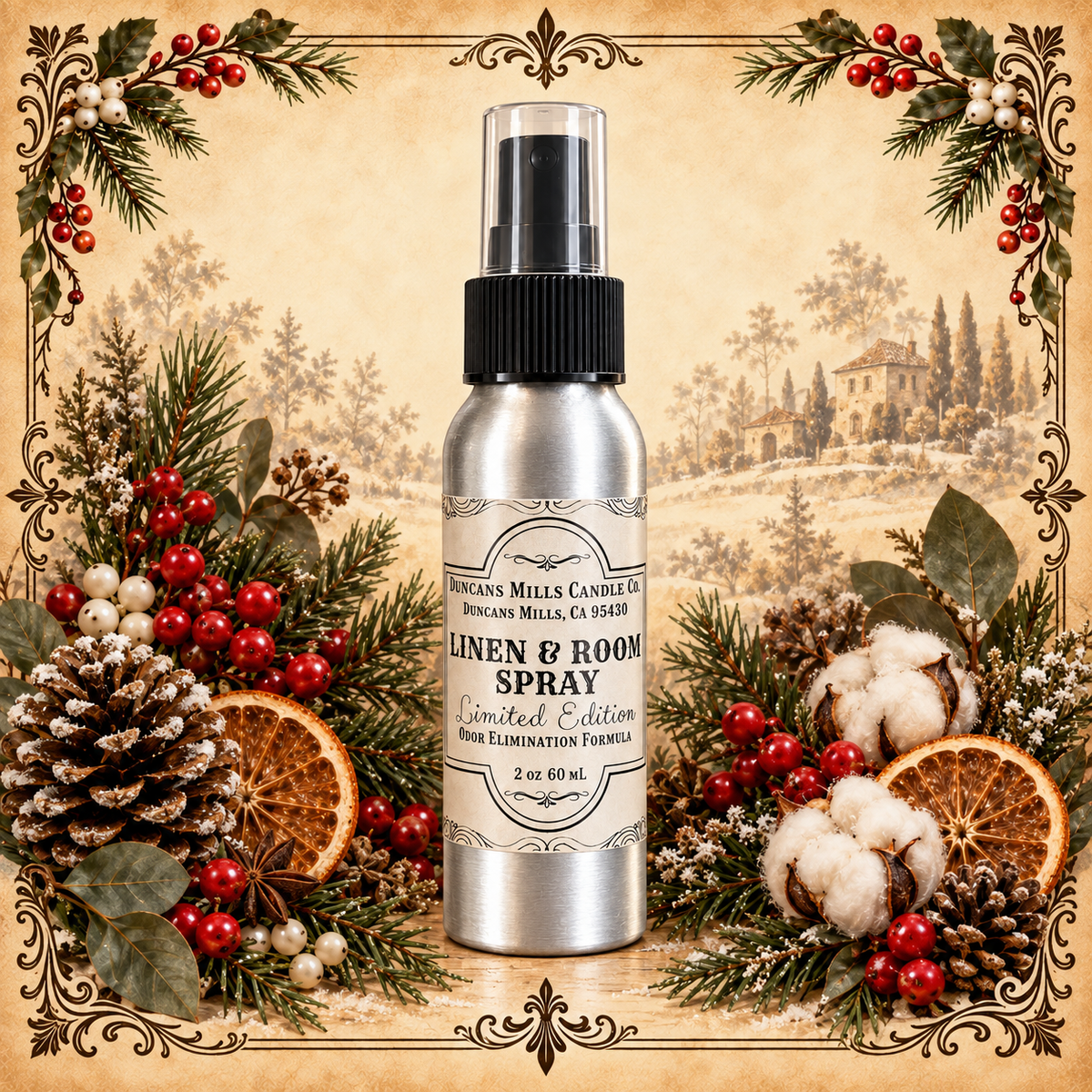 A silver spray bottle labeled 'Linen & Room Spray' by Duncans Mills Candle Co., centered against a vintage-style illustrated background and surrounded by holiday greenery, pinecones, cotton bolls, dried orange slices, and red berries.